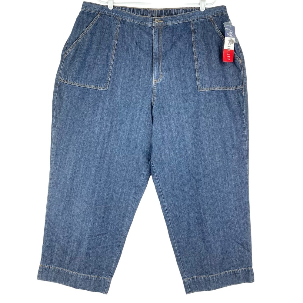 French Cuff Women's Capris Pants Plus 24W Elastic Back Cotton Blue High Rise NWT